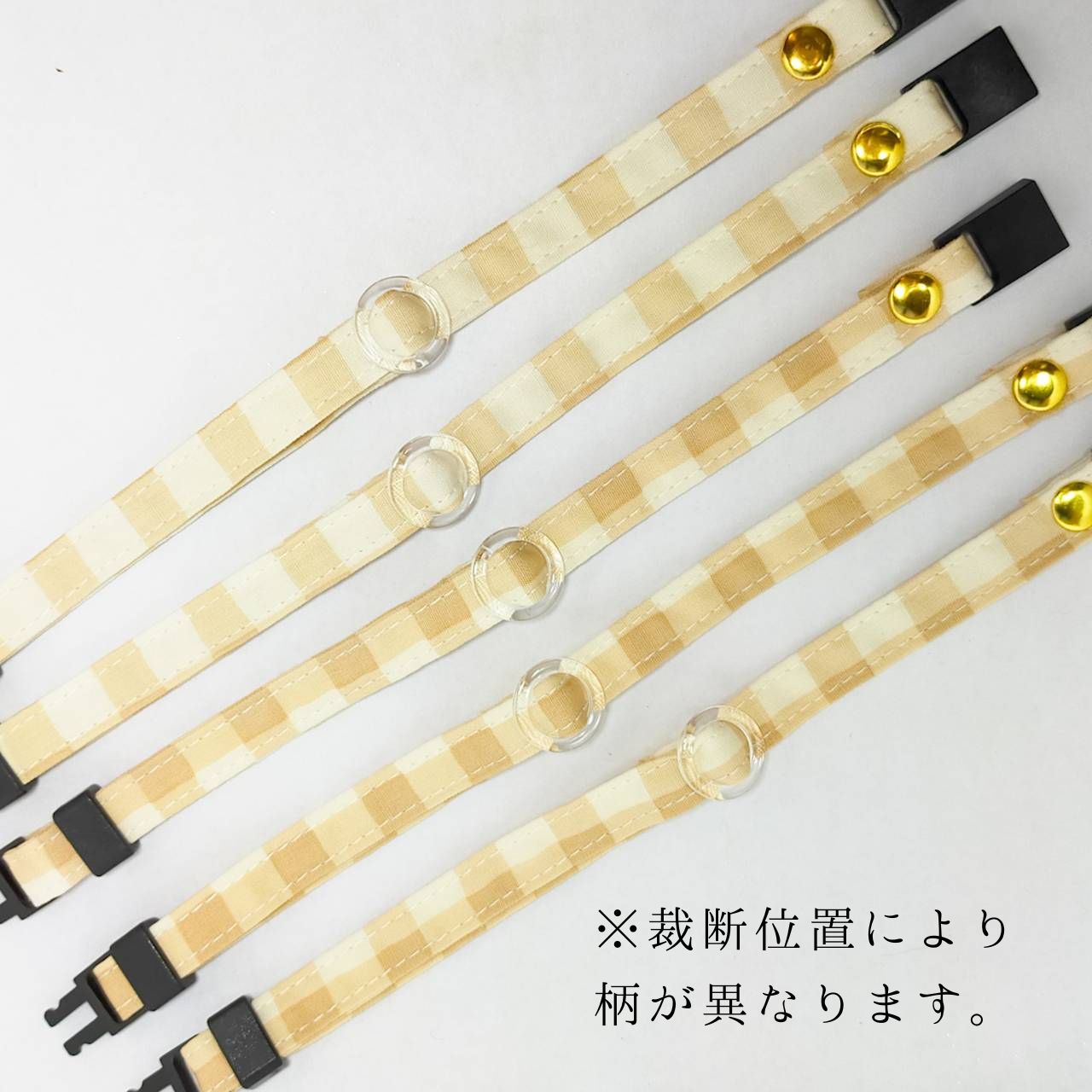 <高品質ピマコットン>100%コットン 【ベージュギンガムチェック】 オプション木製迷子札 セーフティバックル 猫 首輪