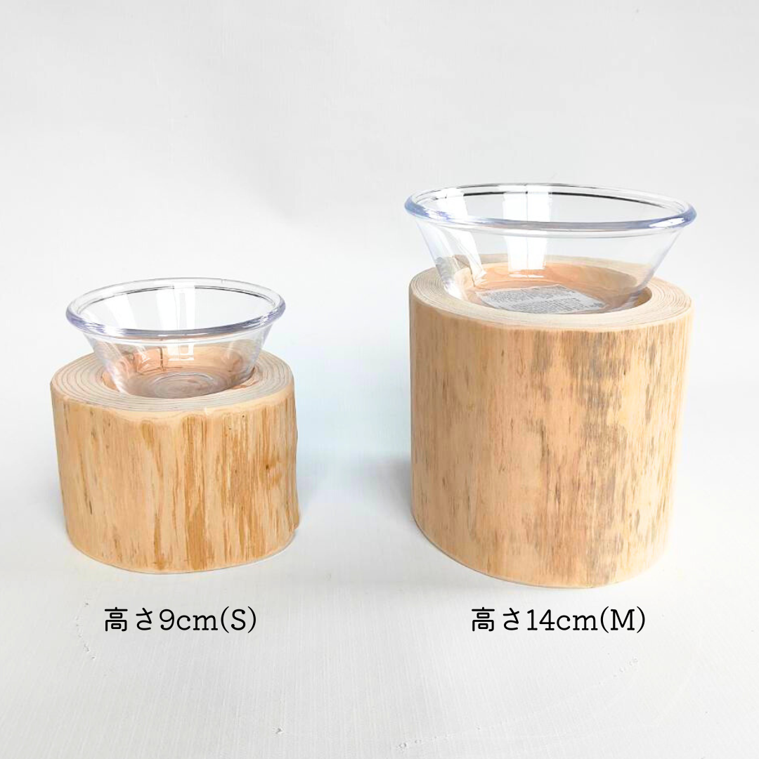 (M)高さ14cm ヒノキログボウル ごはん台 水入れ フードボウル 餌台 エサ入れ