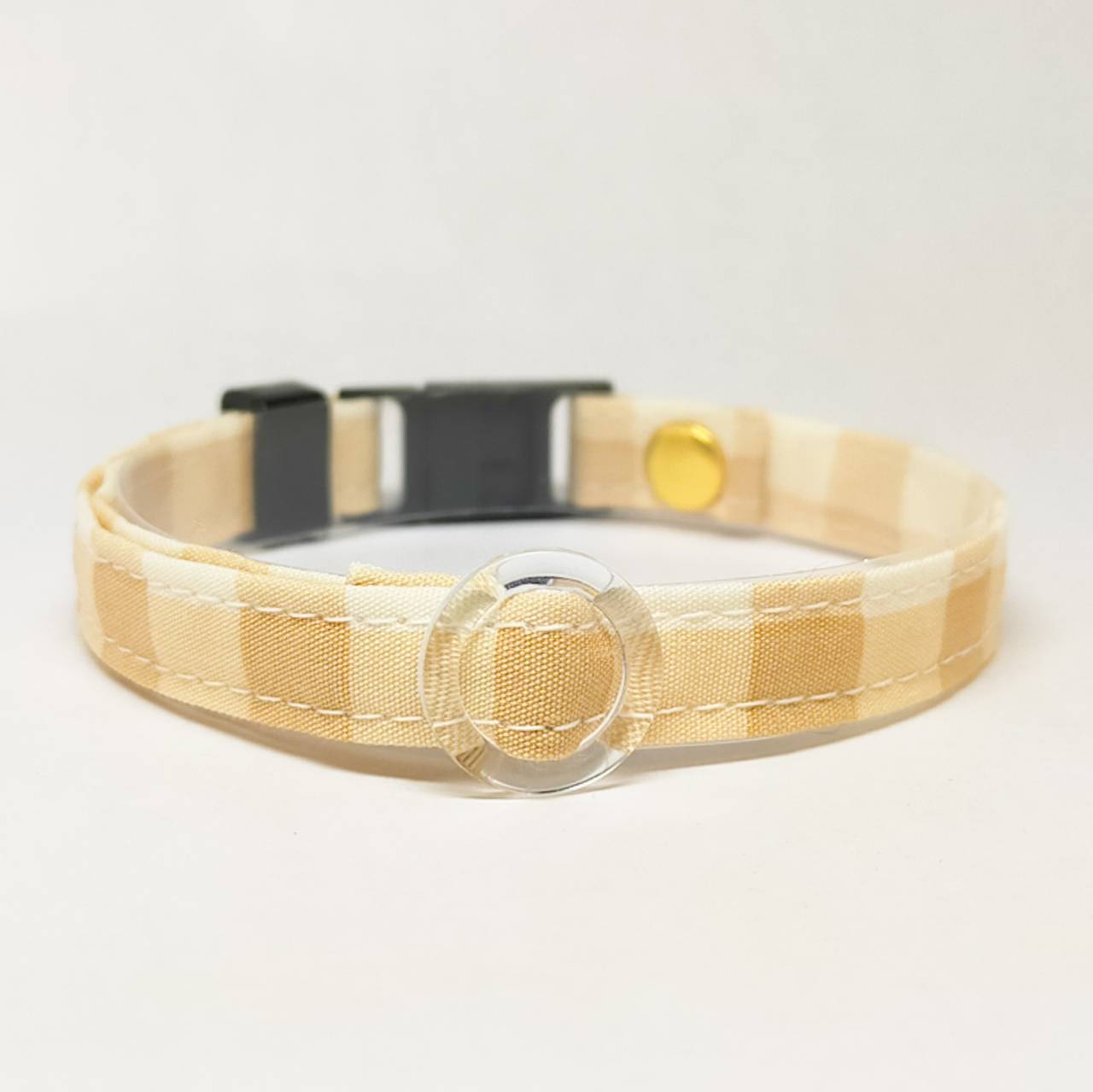 <高品質ピマコットン>100%コットン 【ベージュギンガムチェック】 オプション木製迷子札 セーフティバックル 猫 首輪