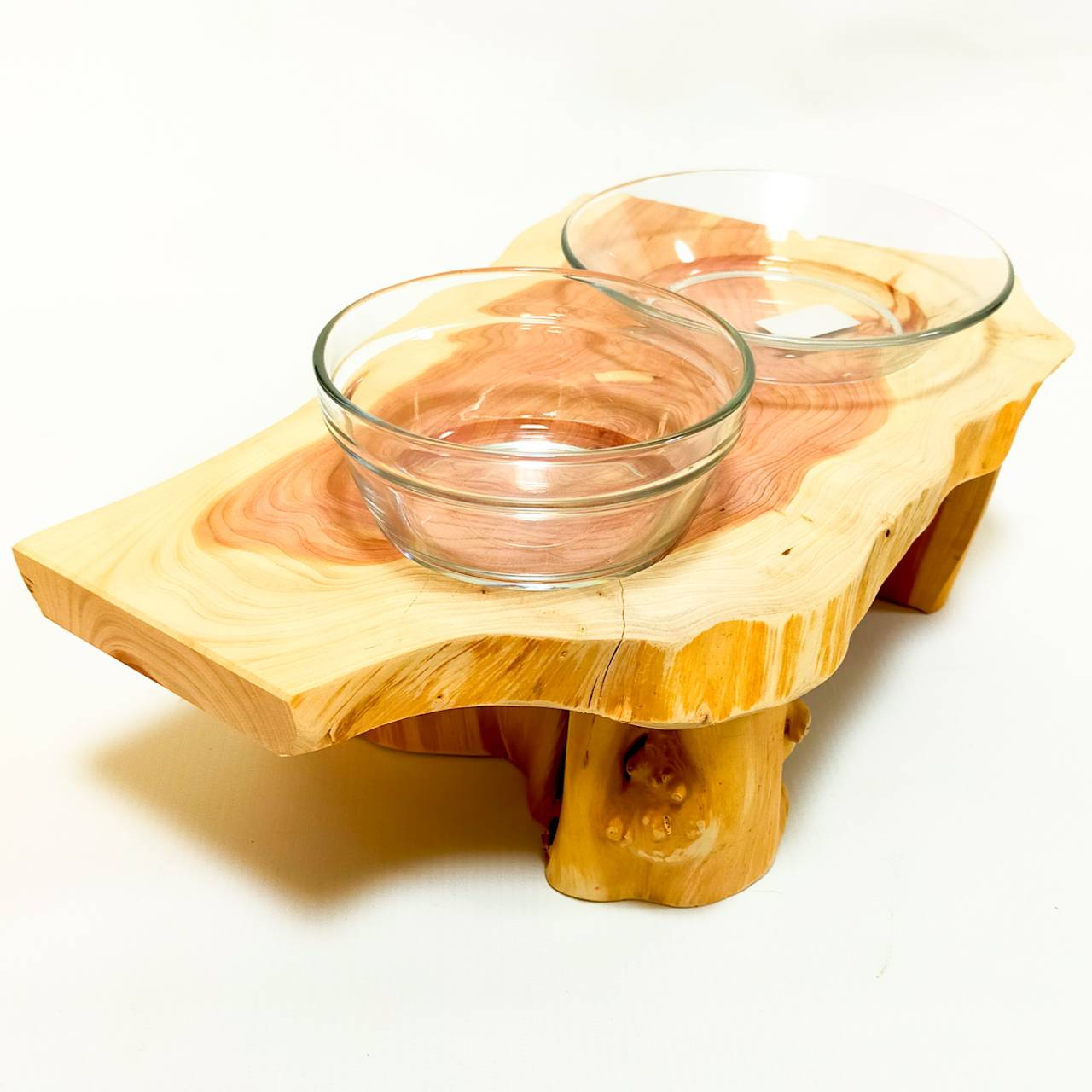 一点もの ごはんとお水 ③伊吹無垢材のログボウル 水入れ フードボウル 餌台 エサ入れ