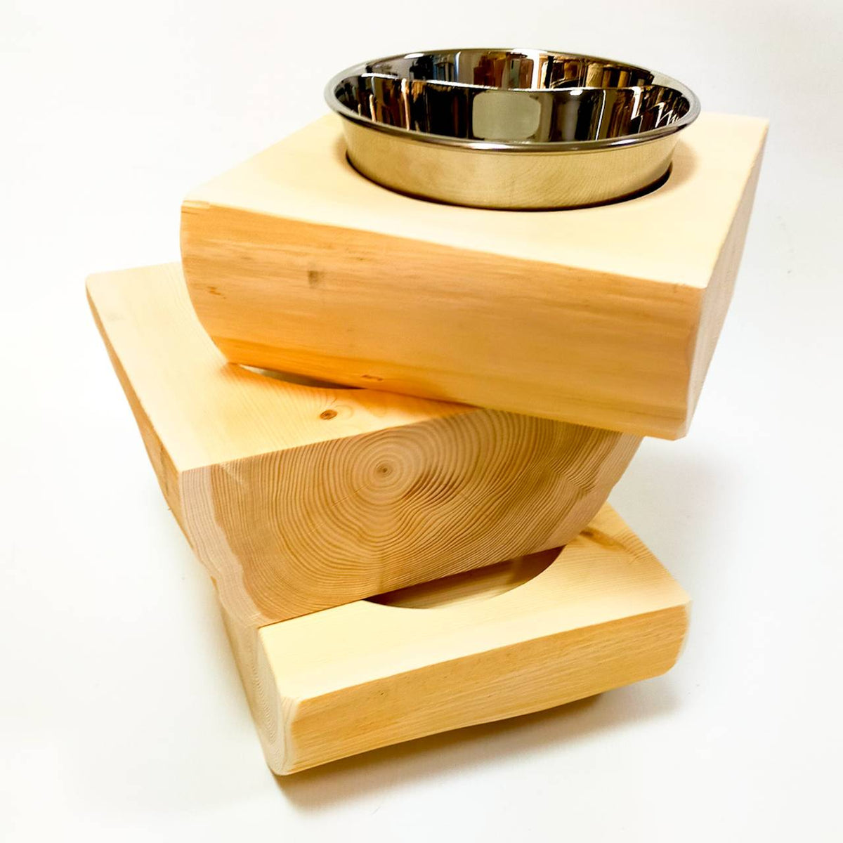<改良版> 不鏽鋼碗 中型犬・多犬家庭適用 -方形高野槙原木 Log Bowl- 飲水台・餵食台・飼料台