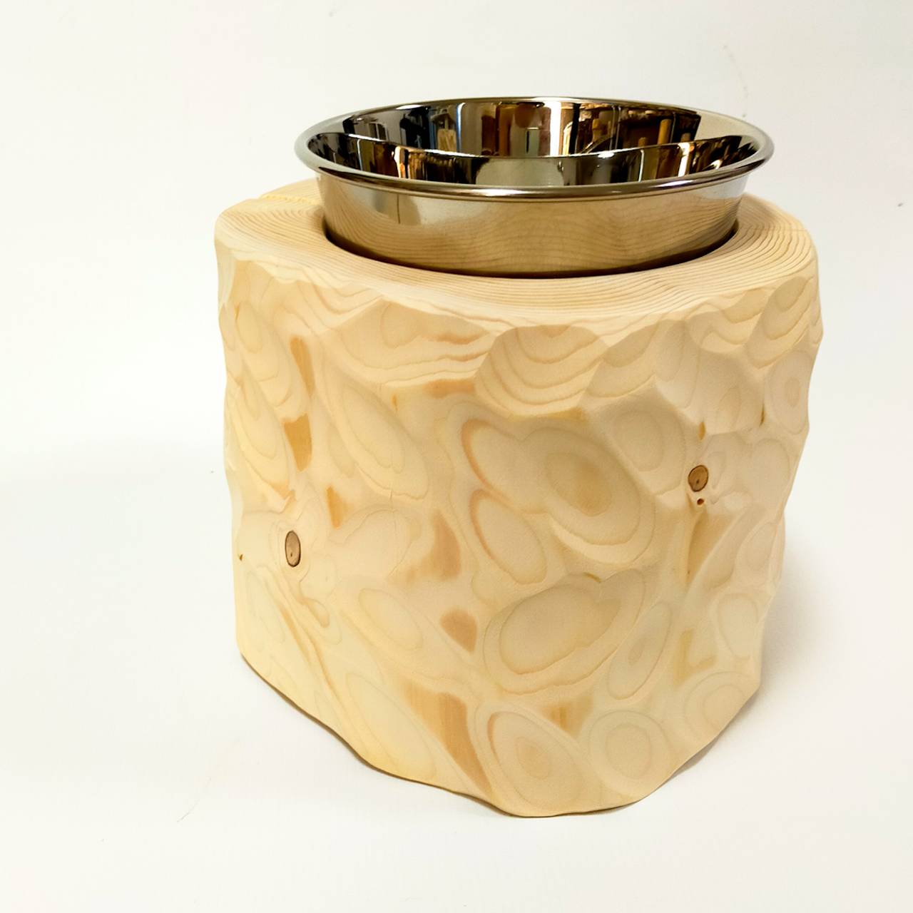 <改良> ステンレスボウル 犬用 高め -アート高野槙の丸太のLog Bowl- 水飲み台 ごはん台 餌台
