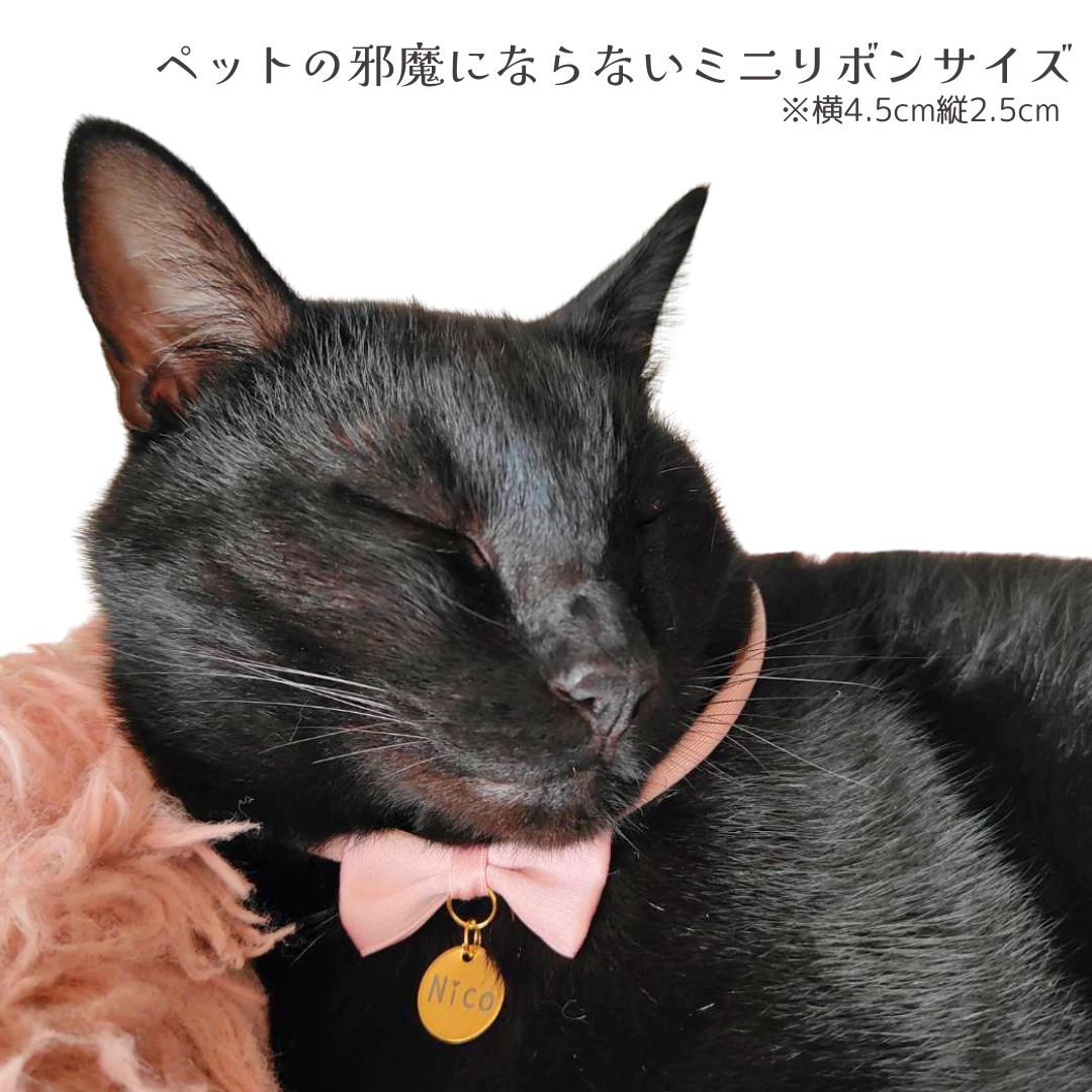 迷子札付き ミニリボンの首輪 ストレス最小限 おハゲ防止 わずか3g リニューアル紐 ステンレス製 やわらか紐首輪 軽い・やわらか紐・安全バックル・迷子札付き