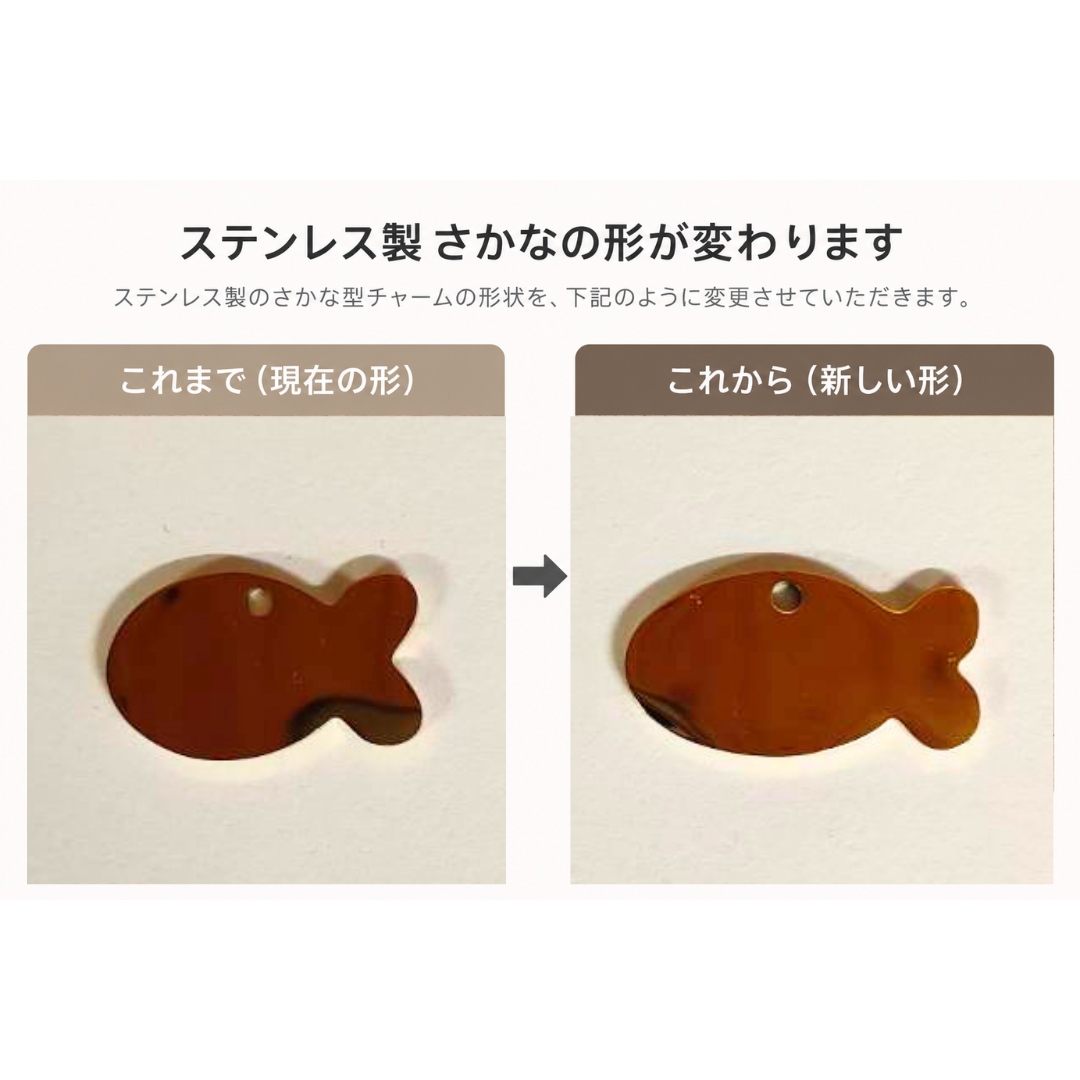 ステンレス製さかな型迷子札の形状変更のお知らせ
