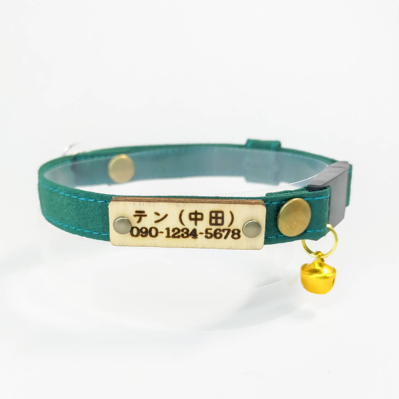 やさしい100%コットン アンティークグリーン オプション木製迷子札 セーフティバックル 猫 首輪