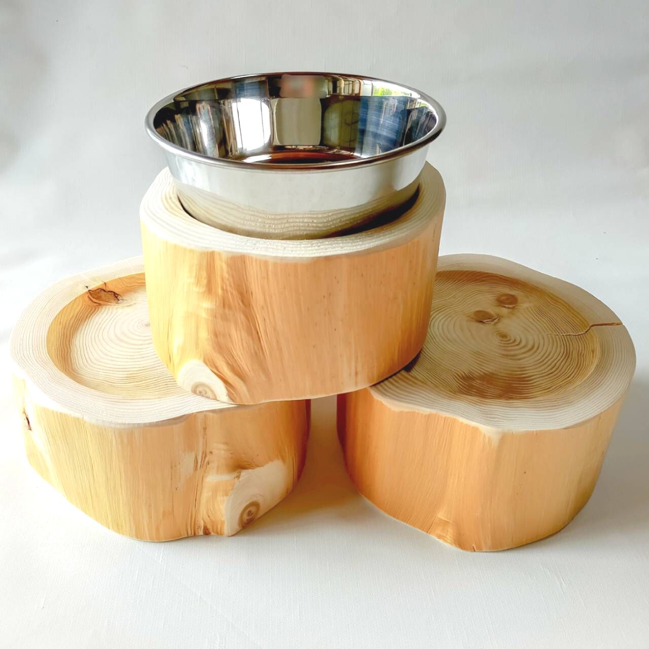 <改良> ステンレスボウル 犬用 猫 多頭飼い用 -高野槙の丸太のLog Bowl- 水飲み台 ごはん台 餌台