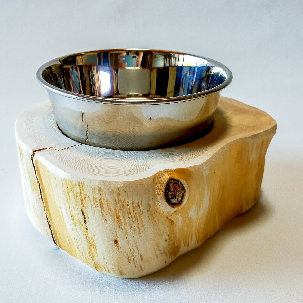 <shop限定一点もの>ステンレスボウル 犬用 猫 多頭飼い用 -高野槙の丸太のLog Bowl- 水飲み台 ごはん台 餌台