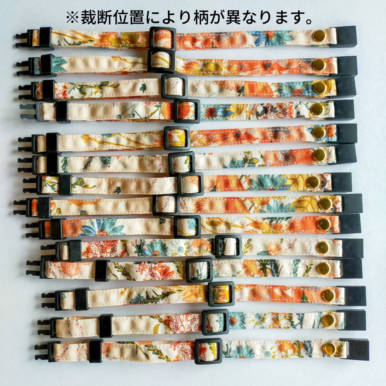 <高品質ピマコットン>100%コットン ガーデンフラワー オプション木製迷子札 セーフティバックル 猫 首輪 花柄 青 ピンク