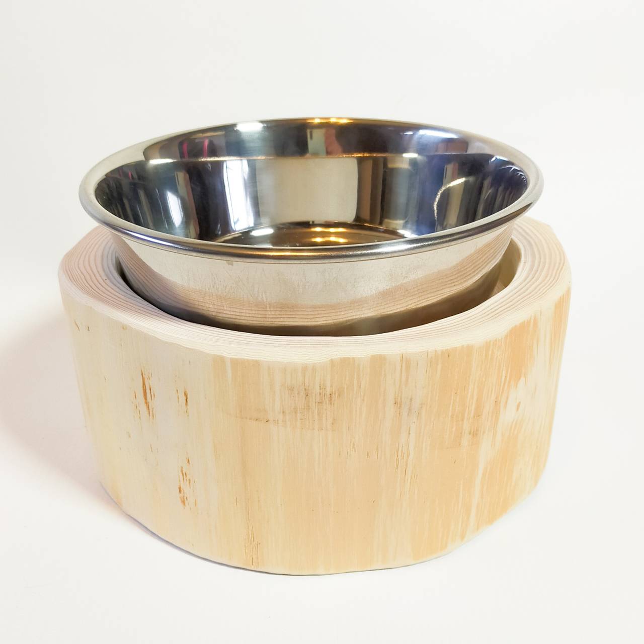 <改良> ステンレスボウル 犬用 猫 多頭飼い用 -高野槙の丸太のLog Bowl- 水飲み台 ごはん台 餌台