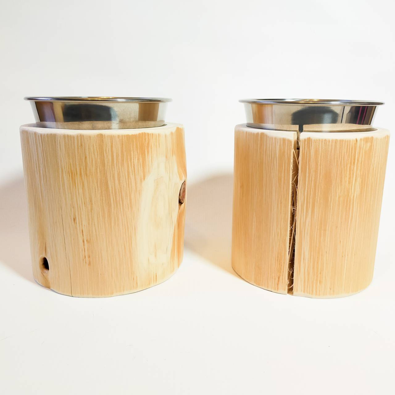 <改良>ステンレスボウル 犬用 高め -ヒノキの丸太のLog Bowl- 水飲み台 ごはん台 餌台