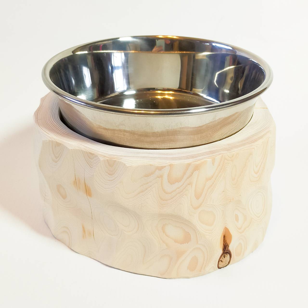 <改良>ステンレスボウル 中型犬・多頭飼い向け -高野槙の丸太のLog Bowl- 水飲み台 ごはん台 餌台