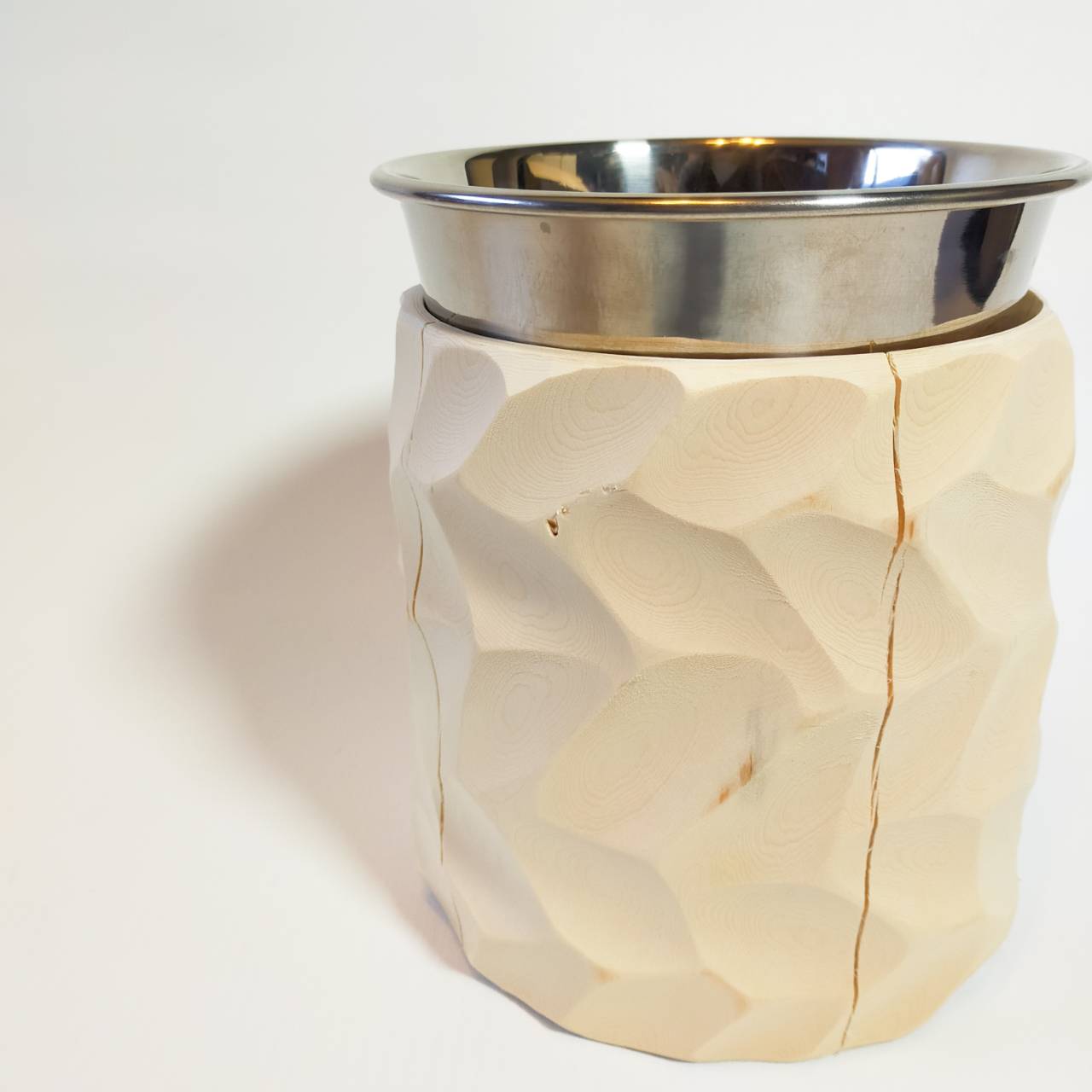 <改良> ステンレスボウル 犬用 高め -アート高野槙の丸太のLog Bowl- 水飲み台 ごはん台 餌台