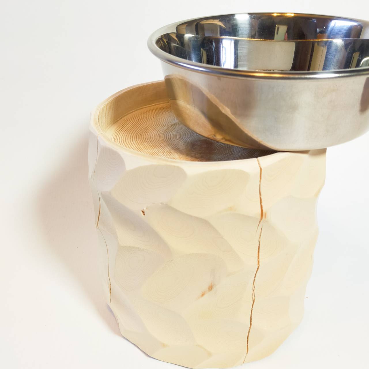 <改良> ステンレスボウル 犬用 高め -アート高野槙の丸太のLog Bowl- 水飲み台 ごはん台 餌台