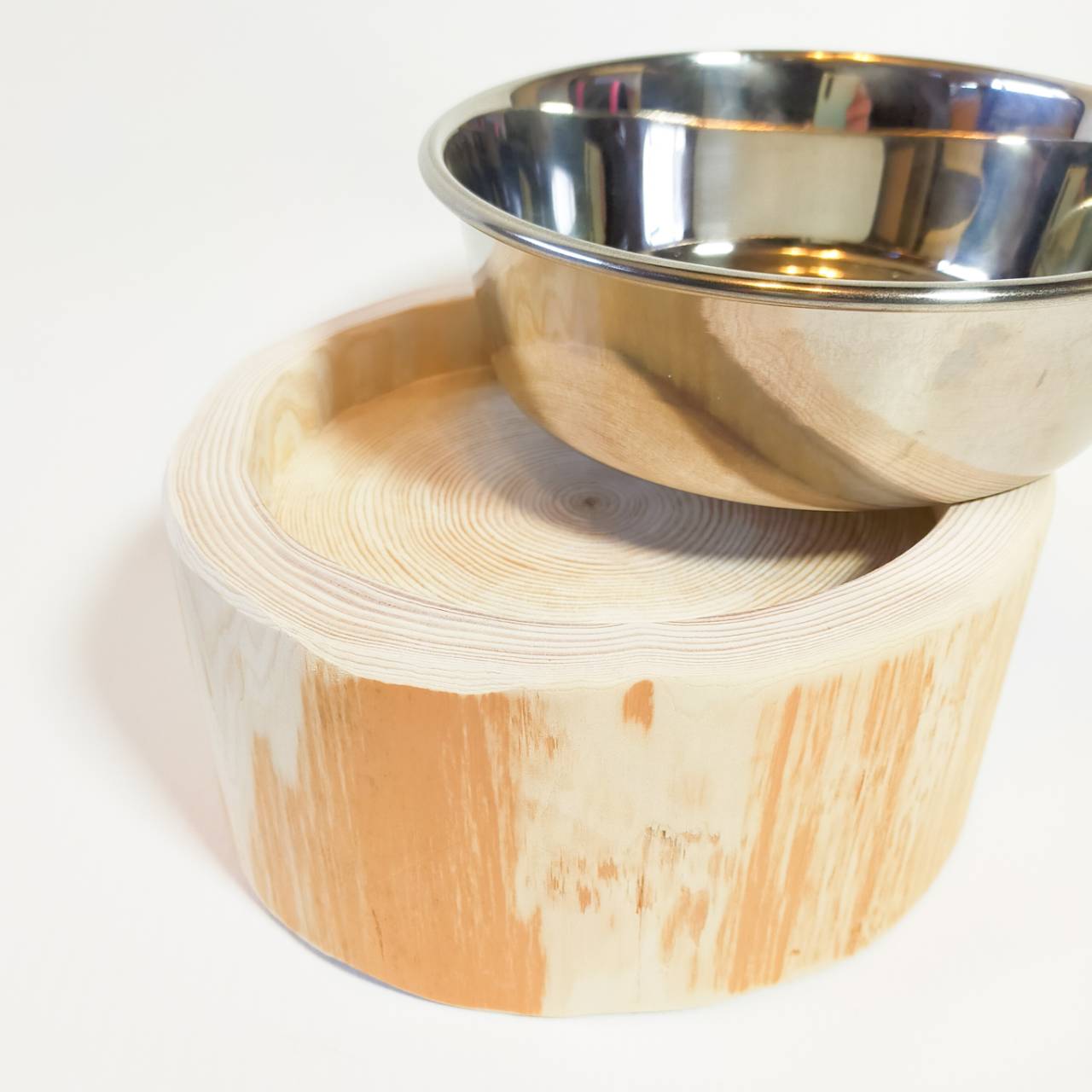 <改良> ステンレスボウル 犬用 猫 多頭飼い用 -高野槙の丸太のLog Bowl- 水飲み台 ごはん台 餌台