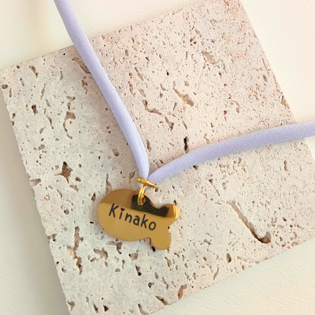 ズレない迷子札（さかな型）　ストレス最小限　おハゲ防止　リニューアル紐　ステンレス製　やわらか紐首輪　軽い・やわらか紐・安全バックル・迷子札付き