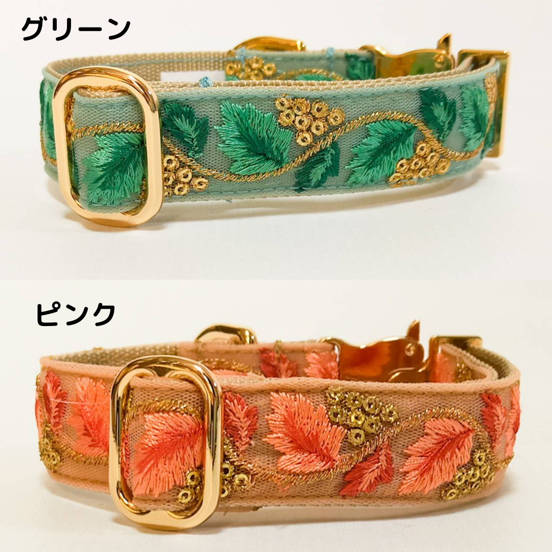 【旅する首輪シリーズ】インド刺繡リボン　犬用　コットン首輪　オプション迷子札　犬　首輪　幅2.5cm