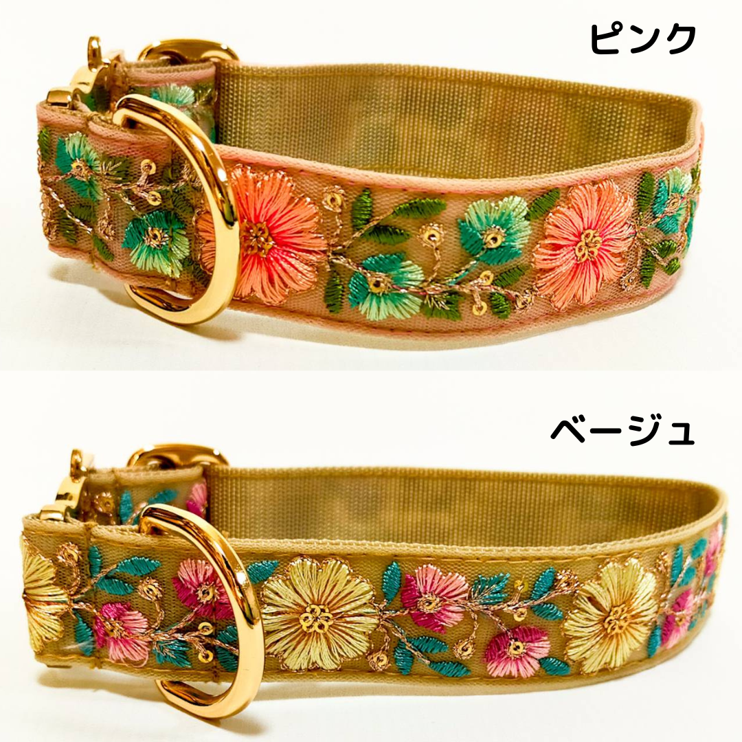 【旅する首輪シリーズ】インド刺繡リボン　犬用　コットン首輪　オプション迷子札　犬　首輪　幅3cm