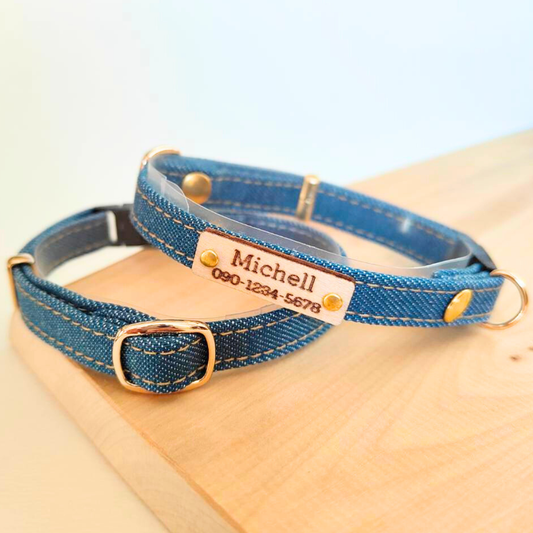 アップサイクルデニム首輪　オプション木製迷子札　セーフティバックル　猫　首輪