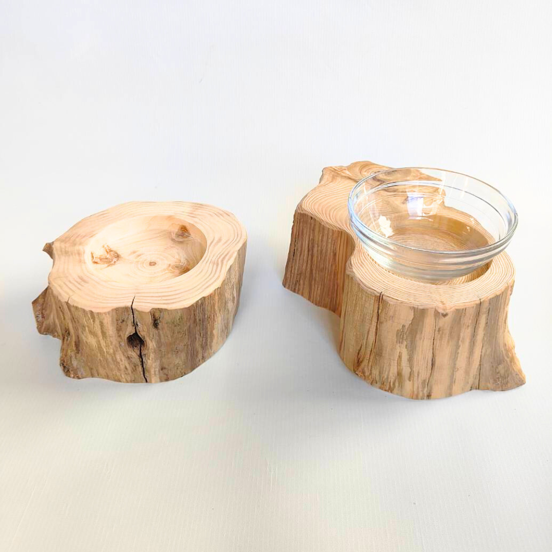 【アウトレット20％OFF】　表情豊かなしゃれ高野槙のログボウル　ごはん台　フードボウル　餌台　エサ入れ 1個販売　ランダム配送