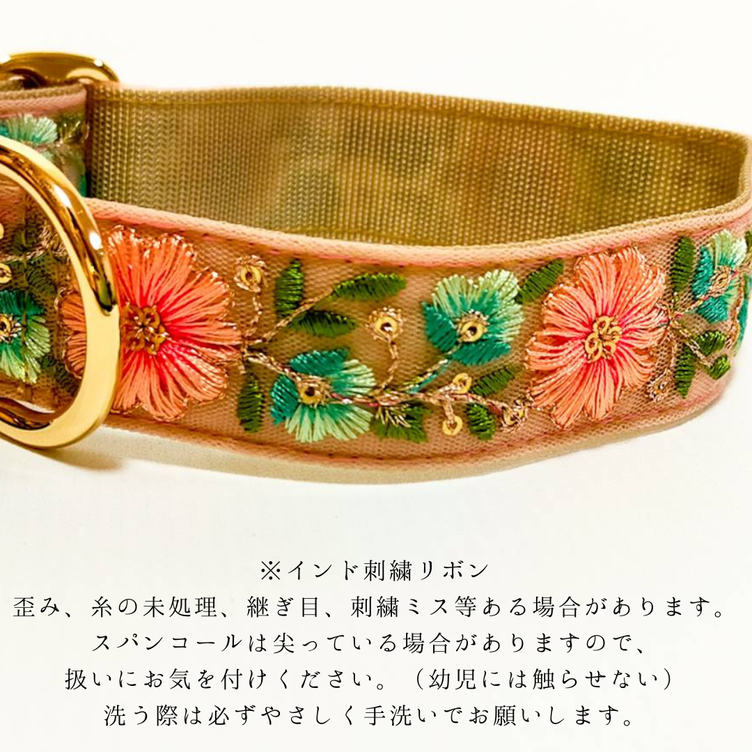 【旅する首輪シリーズ】インド刺繡リボン　犬用　コットン首輪　オプション迷子札　犬　首輪　幅3cm