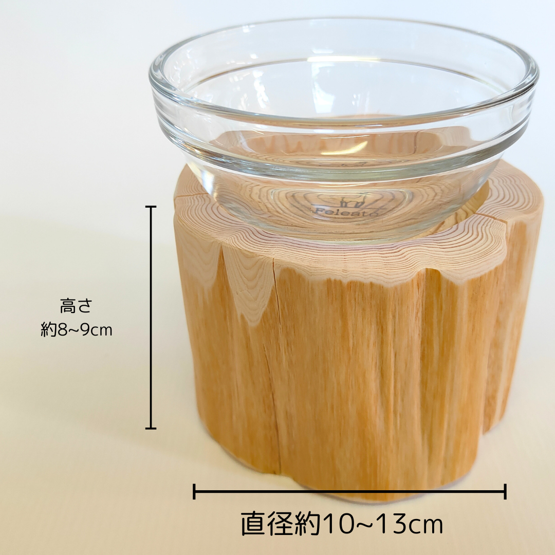 杉の絞り丸太　ログボウル　ガラスボウル付　ペットテーブル　ごはん台　水入れ　フードボウル　餌台　エサ入れ