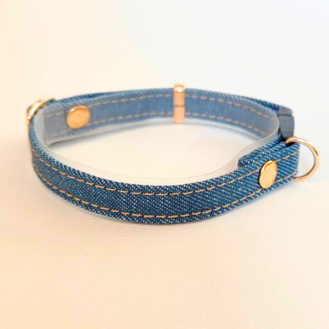 アップサイクルデニム首輪　オプション木製迷子札　セーフティバックル　猫　首輪