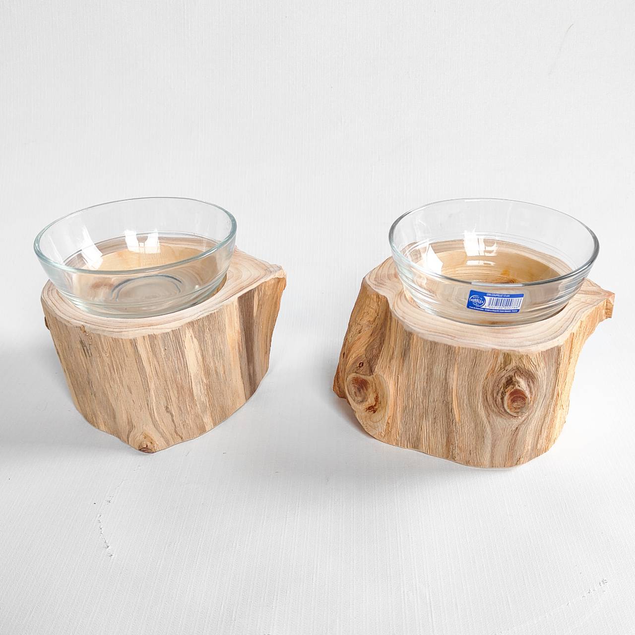 しゃれ木高野槙のログボウル（焼き加工なし）　DURALEXガラスボウル付　ごはん台　フードボウル　餌台　エサ入れ 1個販売