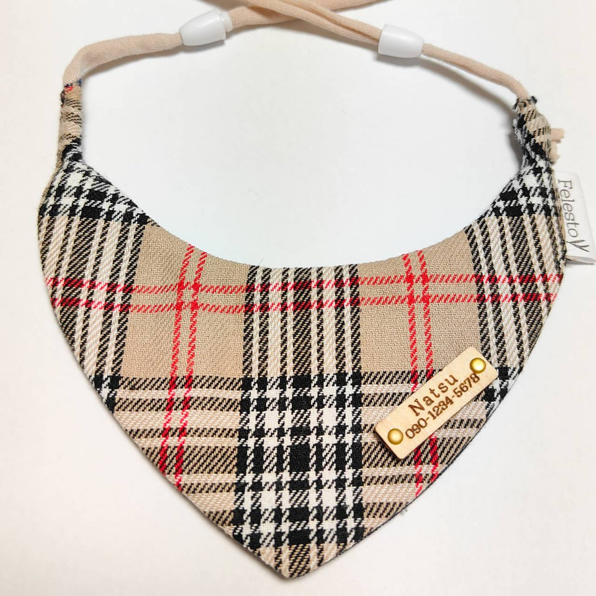 ＼Long-haired pets welcome／ Visible even on fluffballs: Bandana collar, optional ID tag, safety buckle included 【Tartan Check Beige】