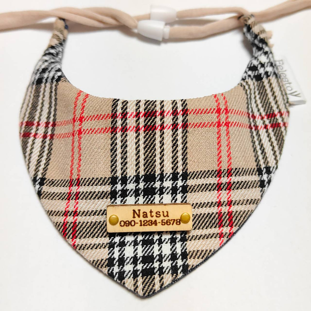 ＼Long-haired pets welcome／ Visible even on fluffballs: Bandana collar, optional ID tag, safety buckle included 【Tartan Check Beige】