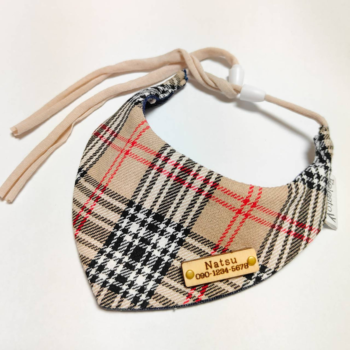 ＼Long-haired pets welcome／ Visible even on fluffballs: Bandana collar, optional ID tag, safety buckle included 【Tartan Check Beige】