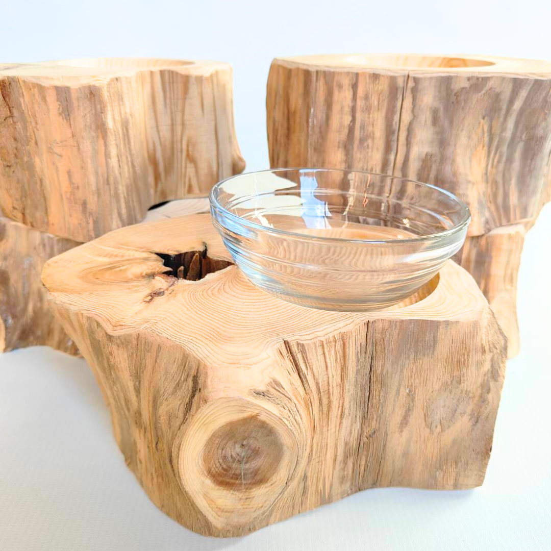 【アウトレット20％OFF】　表情豊かなしゃれ高野槙のログボウル　ごはん台　フードボウル　餌台　エサ入れ 1個販売　ランダム配送