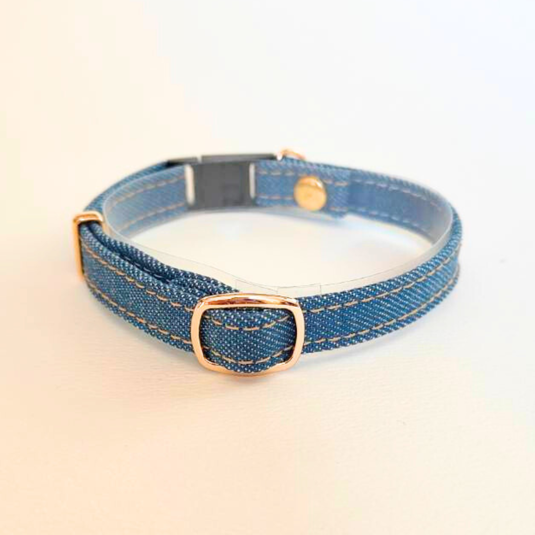 アップサイクルデニム首輪　オプション木製迷子札　セーフティバックル　猫　首輪