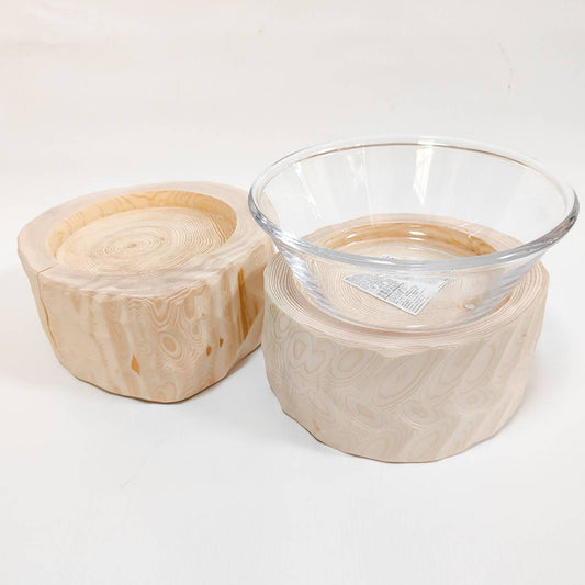 安定感UP！　ガラスボウル大きめ　-アート高野槙の丸太のLog Bowl-　水飲み台　ごはん台　餌台