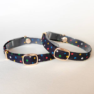 やさしい100％コットン　ピンドットネイビー　木製迷子札　セーフティバックル　猫　首輪 　迷子札なし