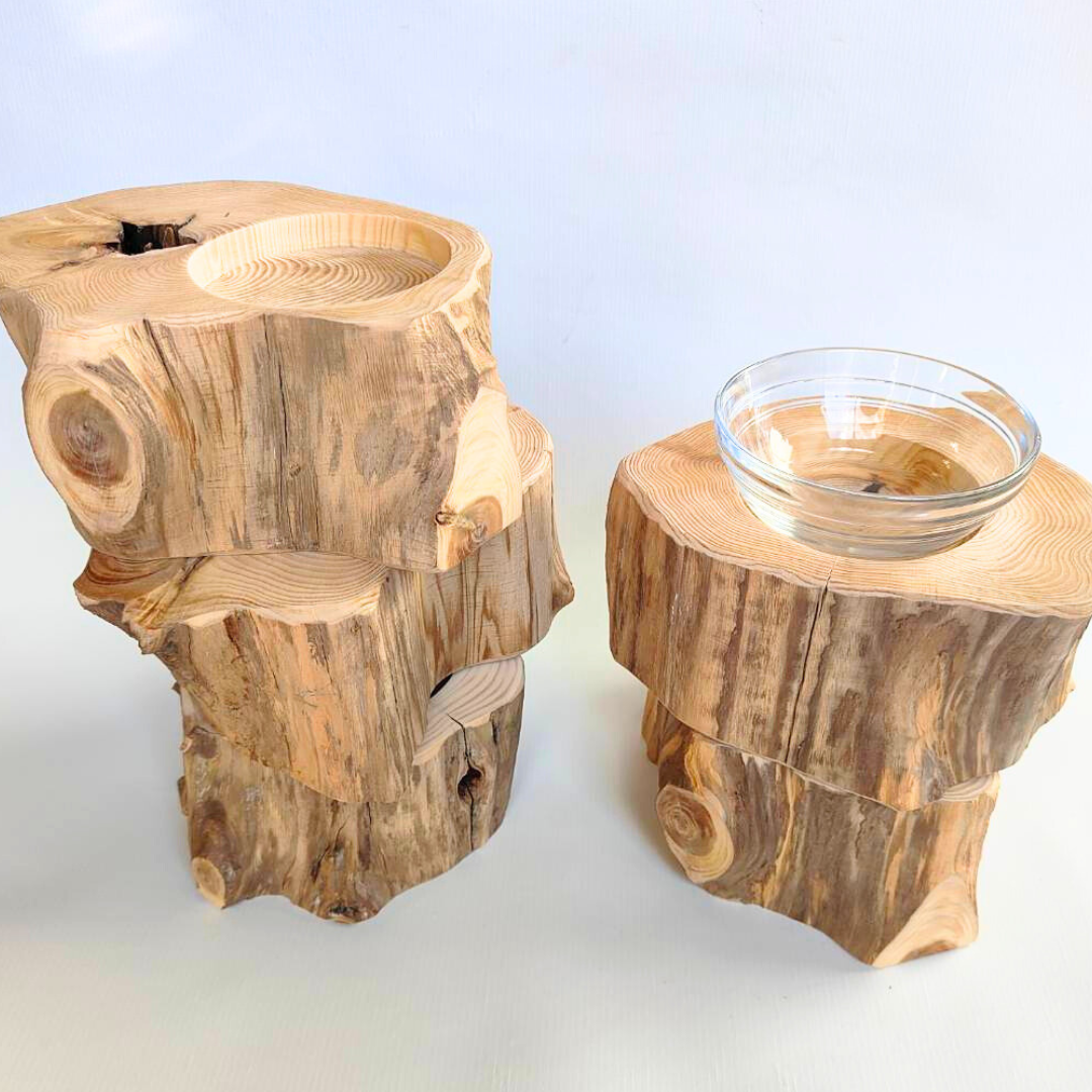 【アウトレット20％OFF】　表情豊かなしゃれ高野槙のログボウル　ごはん台　フードボウル　餌台　エサ入れ 1個販売　ランダム配送