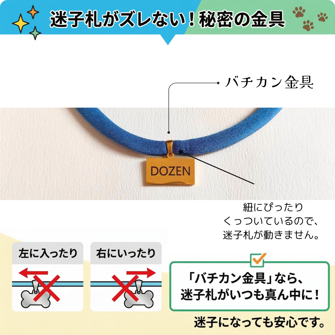 ズレない迷子札　プレート型　ストレス最小限　おハゲ防止　わずか4g　リニューアル紐　ステンレス製　やわらか紐首輪　軽い・やわらか紐・安全バックル・迷子札付き