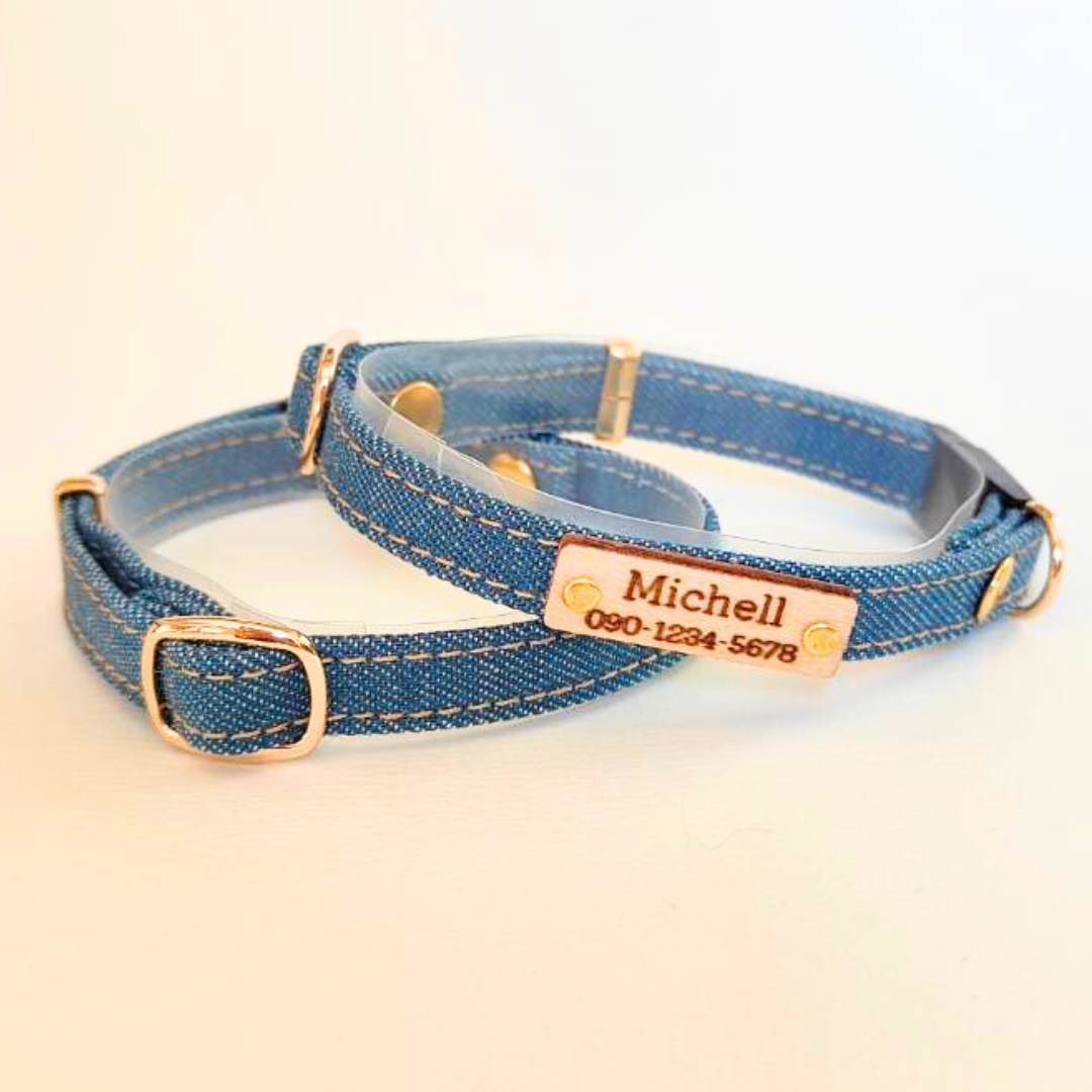 アップサイクルデニム首輪　オプション木製迷子札　セーフティバックル　猫　首輪
