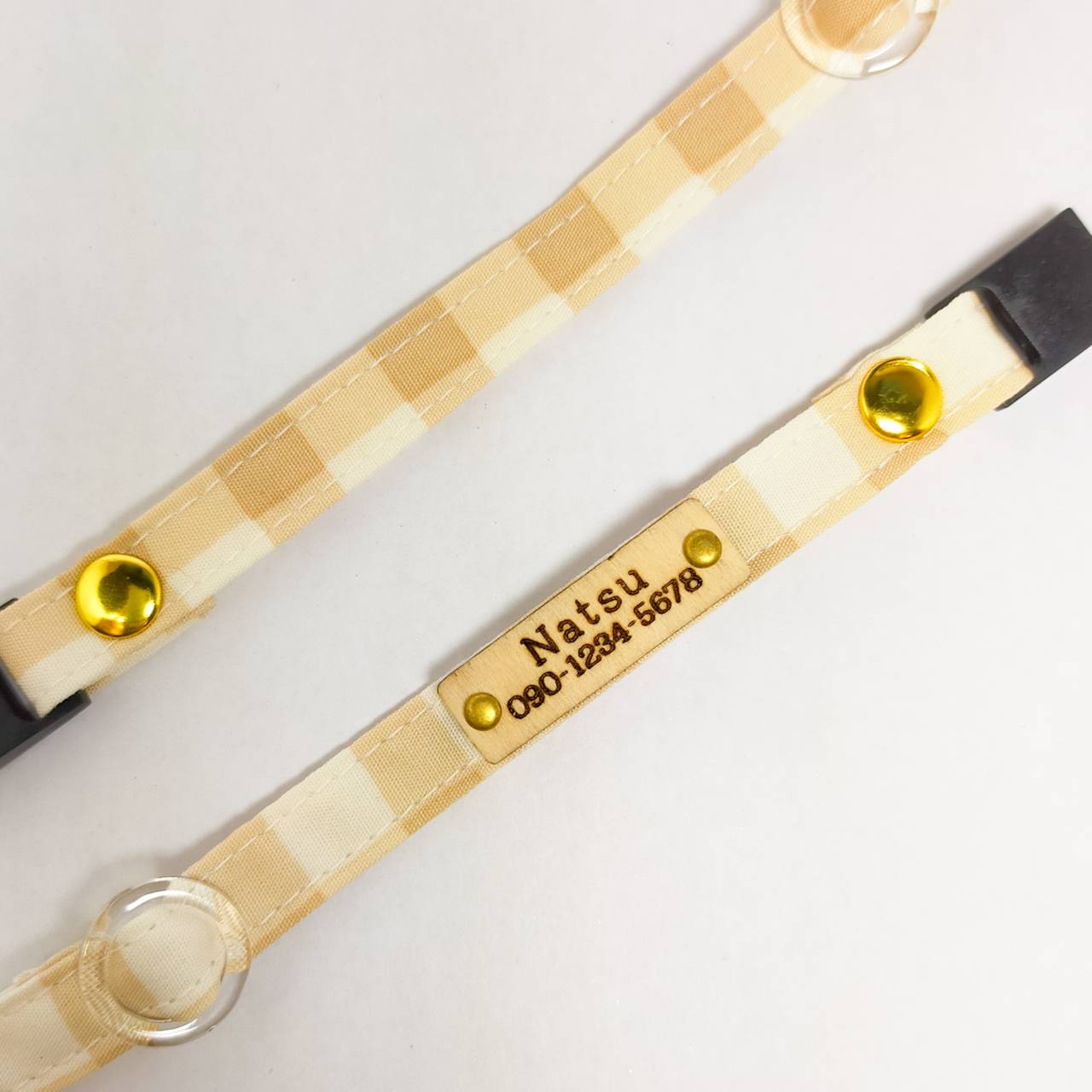 ＜高品質ピマコットン＞100％コットン　【ベージュギンガムチェック】　オプション木製迷子札　セーフティバックル　猫　首輪