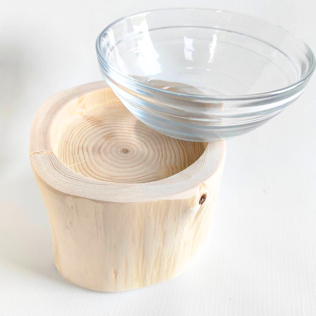 フレッシュ高野槙のログボウル　ガラスボウル付　ごはん台　フードボウル　餌台　エサ入れ 1個販売