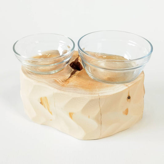 一点もの　おやつカップ付　-アート高野槙の丸太のLog Bowl-　水飲み台　ごはん台　餌台