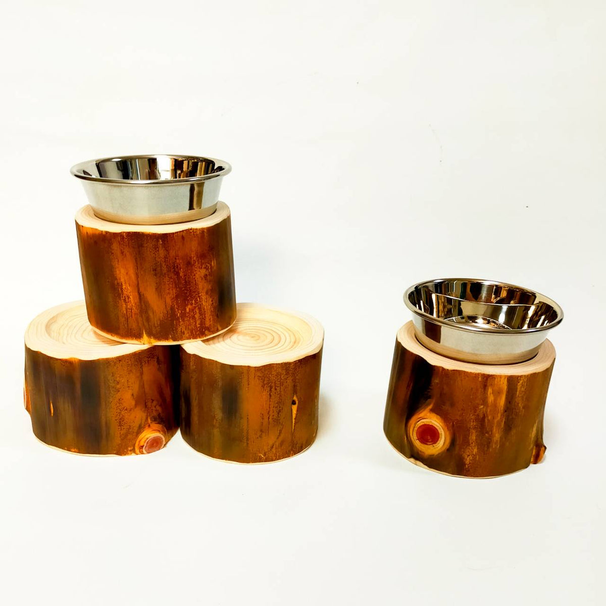Simple hinoki log bowl pet table