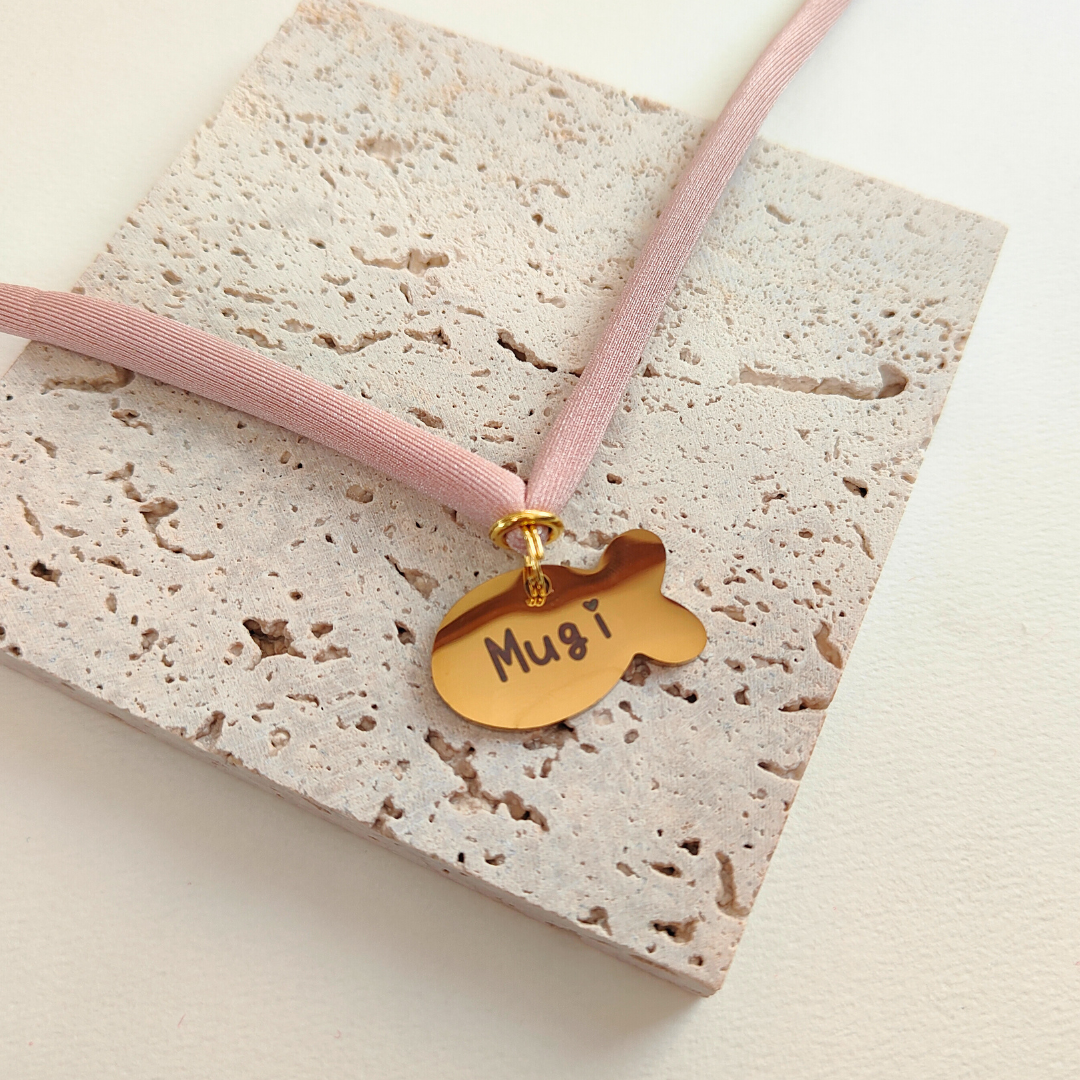 ズレない迷子札（さかな型）　ストレス最小限　おハゲ防止　リニューアル紐　ステンレス製　やわらか紐首輪　軽い・やわらか紐・安全バックル・迷子札付き