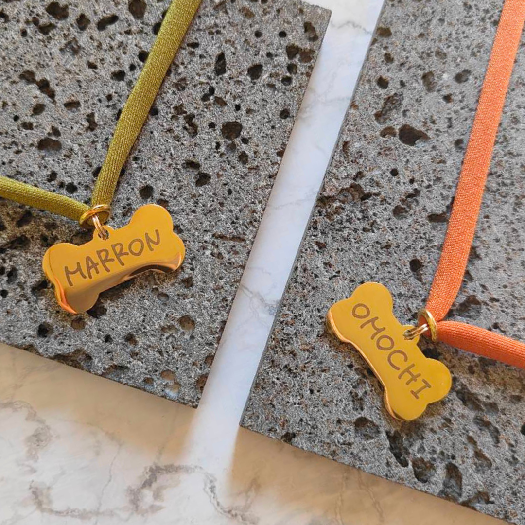 ズレない迷子札（骨型）　ストレス最小限　おハゲ防止　リニューアル紐　ステンレス製　やわらか紐首輪　軽い・やわらか紐・安全バックル・迷子札付き