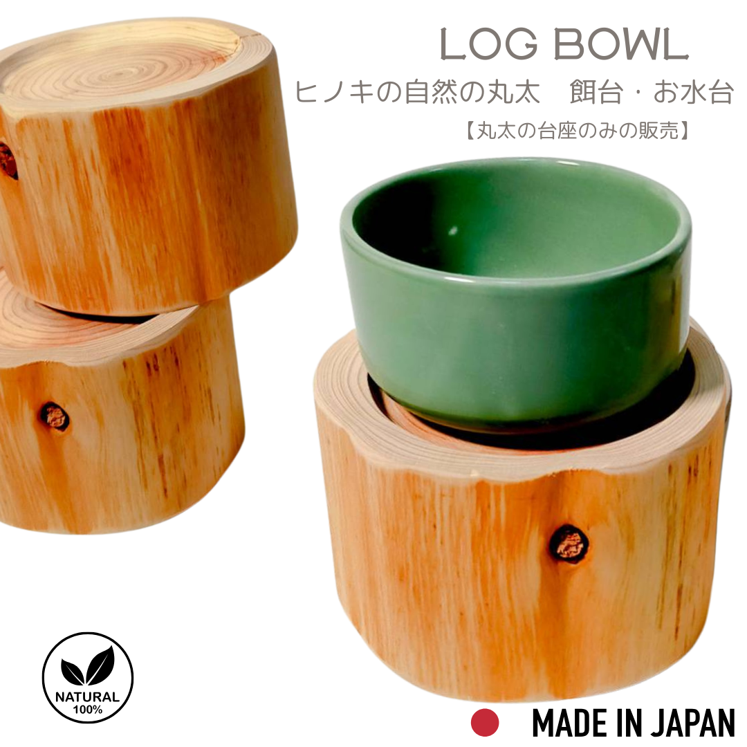 <log only> 9cm height Hinoki cypress log bowl, food stand, pet feeding bowl, 1 unit</log>