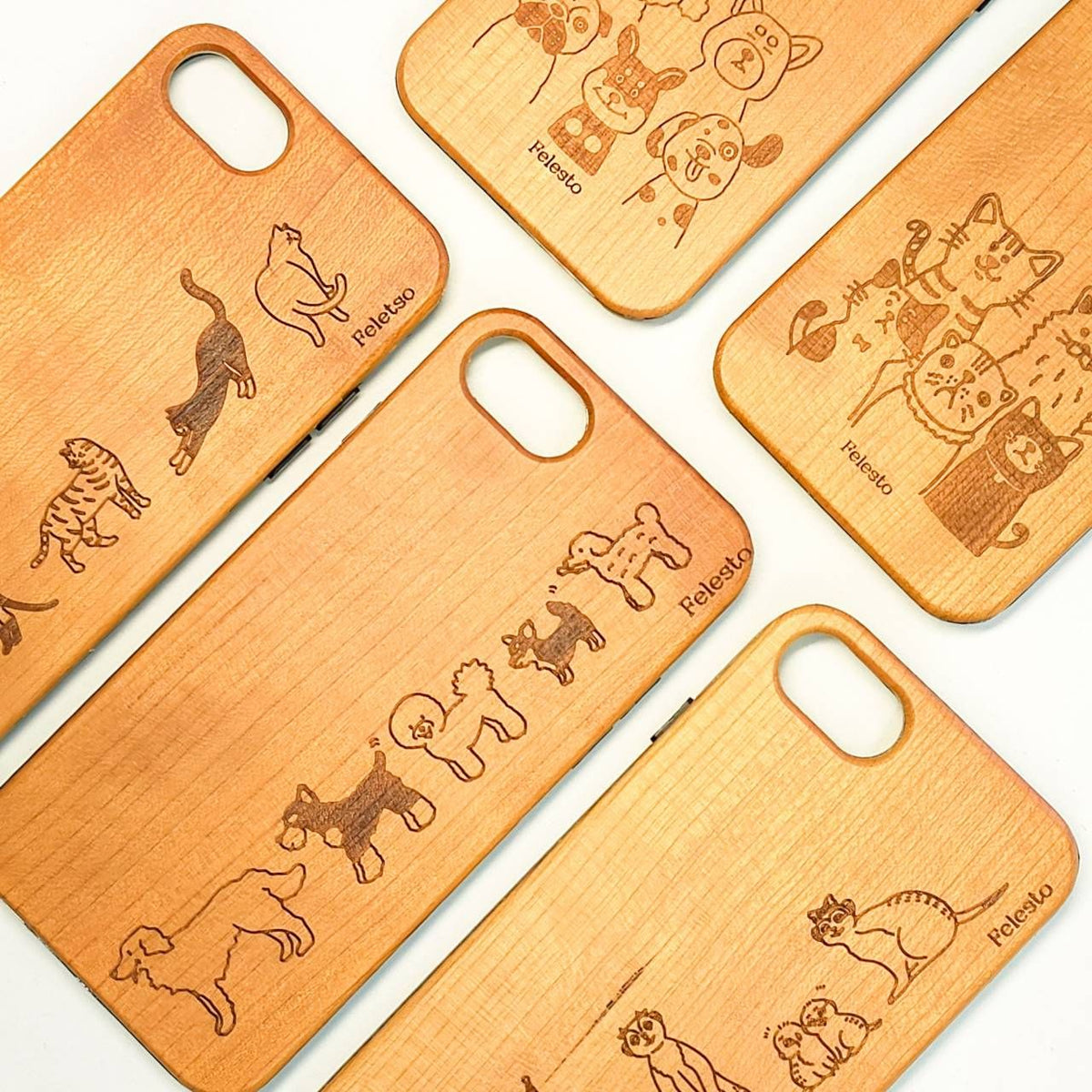 全5種類　iPhone 木製オリジナルスマホケース　猫　犬　イラスト　ミーアキャット　※受注製作（約1ヶ月）