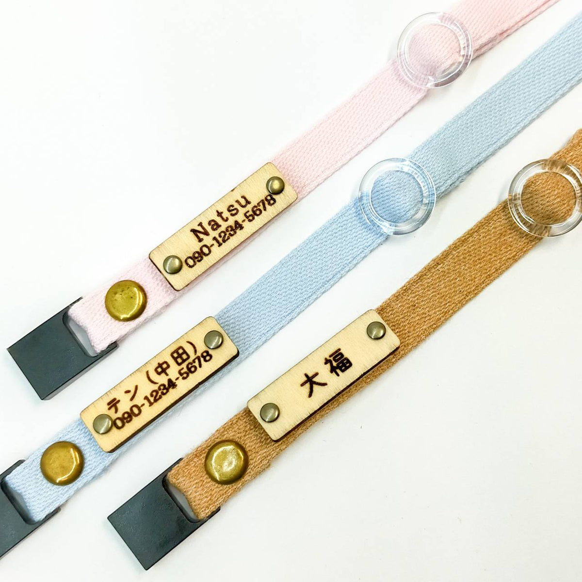 <3色>オーガニックコットン　猫　首輪　小型犬　迷子札付　セーフティバックル　ピンク　青　ブラウン