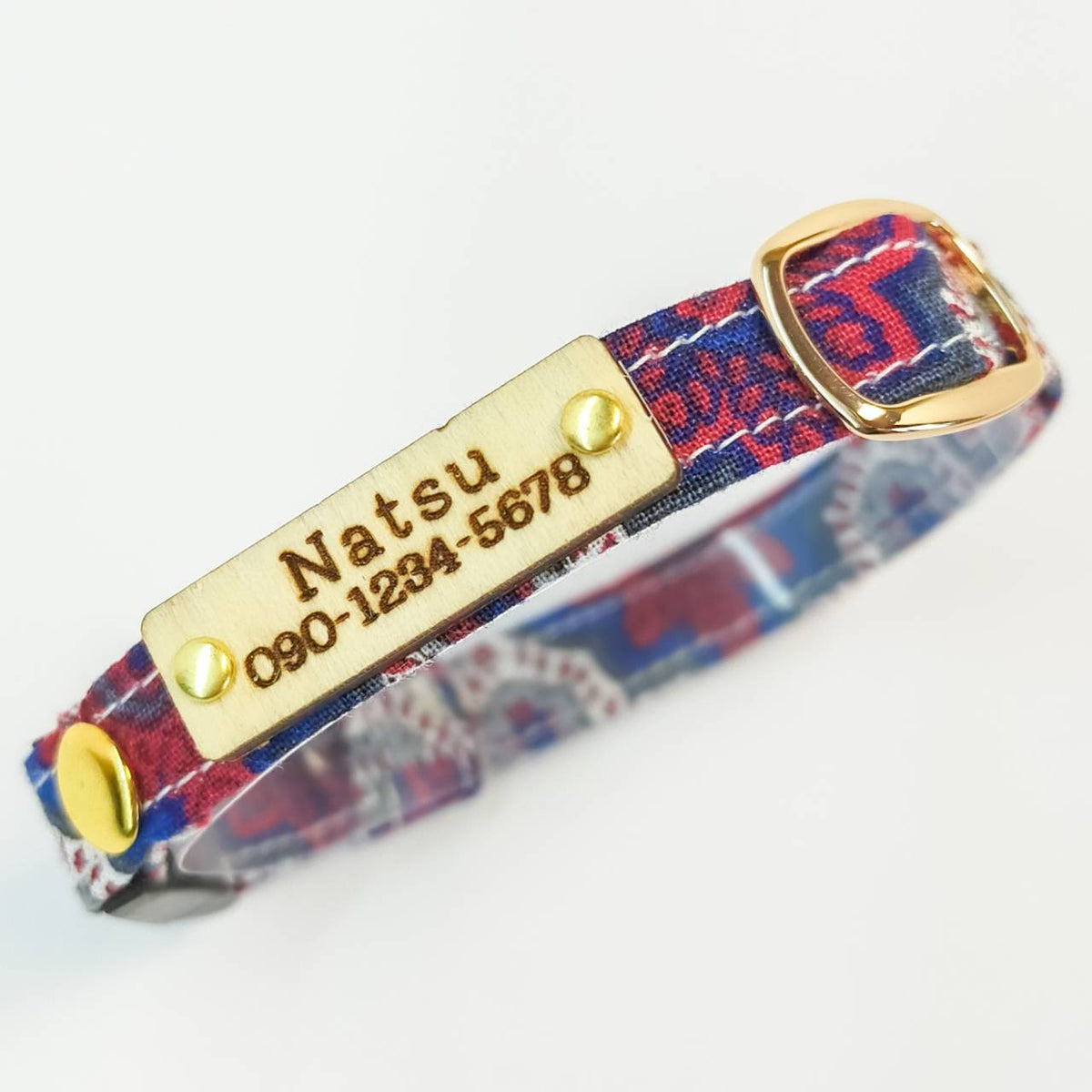 やさしい100％コットン　【ジャハンギール トリコロール】　ソレイアード生地使用　オプション木製迷子札　セーフティバックル　猫　首輪