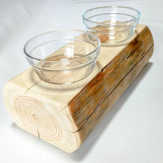 ヒノキ丸太のペットログボウルダブル　水入れ　フードボウル　餌台　エサ入れ