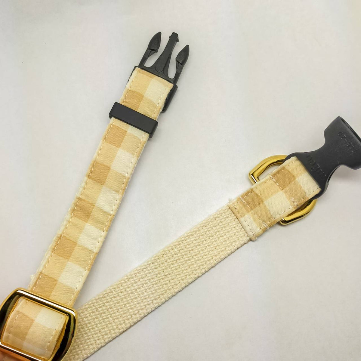 ギンガムチェックベージュ　コットン100％　犬用　コットン首輪　オプション迷子札　犬　首輪　幅2cm