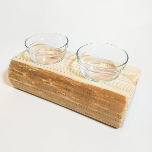 【アウトレット10％OFF】ヒノキ丸太のペットログボウルダブル②　水入れ　フードボウル　餌台　エサ入れ